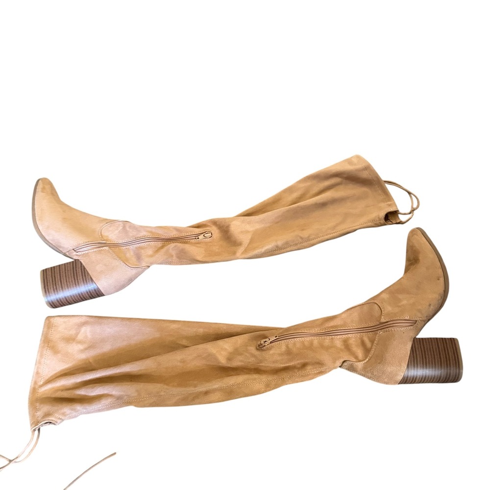 Kohl's Over The Knee Boots Women 6.5 Tan Good Faux Suede Block Heel Tie Back